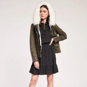 Women Gaudi Jeans Olive Green Faux Fur Hood Trim Zip Short Parka Jacket 40 US/XS